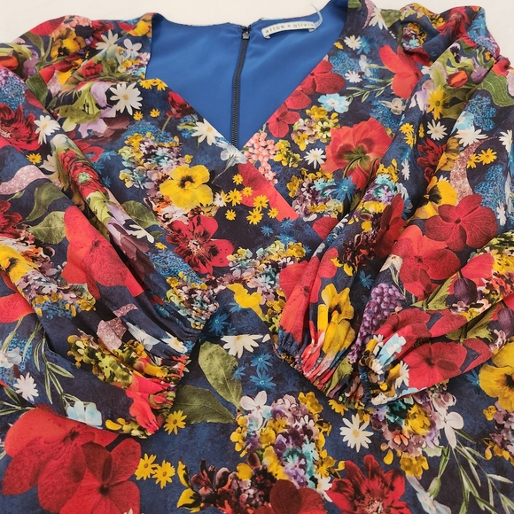 Alice + Olivia Floral Balloon Sleeve Kerri Bishop Dress Tie V-neck Silk Sz 6 - Picture 14 of 16